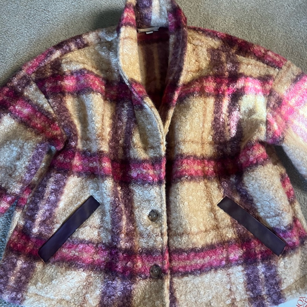 Womens Cream Plaid Bouclé Coat with Pink & Purple Accents